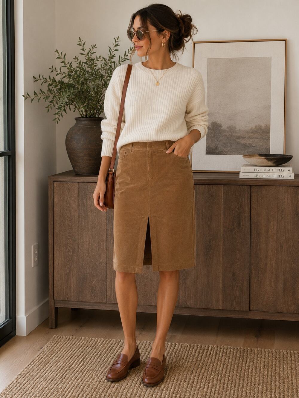 Vintage Field Gear Camel Corduroy Pencil Skirt Size 10 97% Cotton ✨